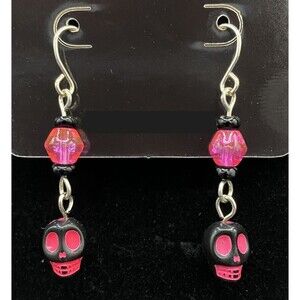 Handmade Neon Pink & Black Skull with Pink & Black Bead Earrings by Neanie-Bot